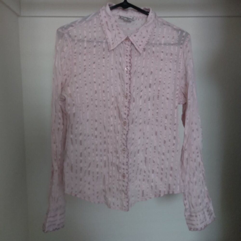 Vintage Periscope Light Pink Striped Sheer Button Down Top with Ruffles Size L